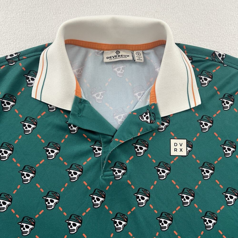 Devereux Men Green Orange Skull Print Performance Golf Short Sleeve Polo Shirt S